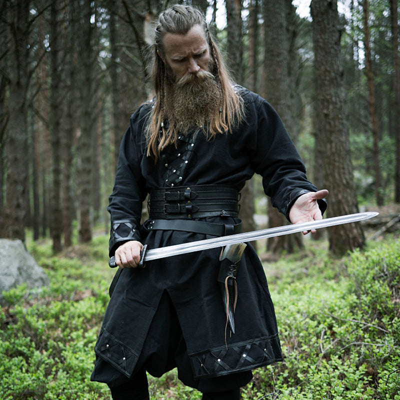 Black Leather Enhanced Medieval Tunic - Cotton