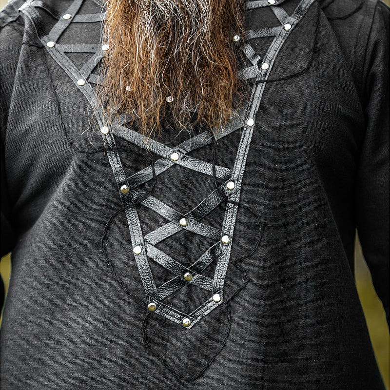 Black Leather Enhanced Medieval Tunic - Cotton