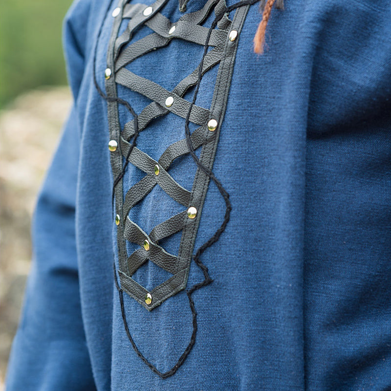 Dark Blue Leather Enhanced Medieval Tunic - Cotton