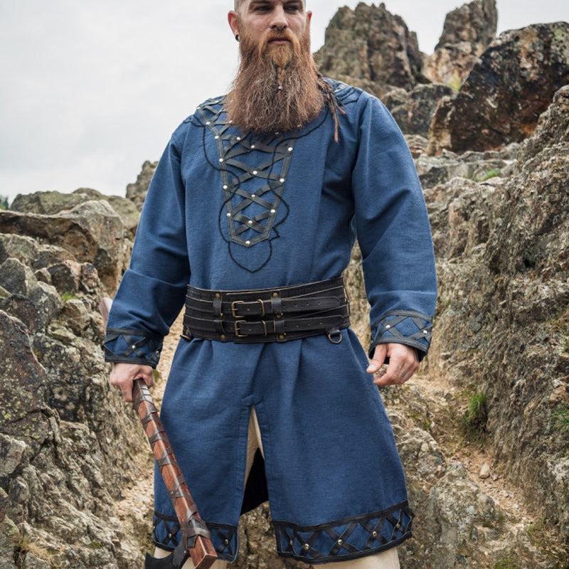 Dark Blue Leather Enhanced Medieval Tunic - Cotton