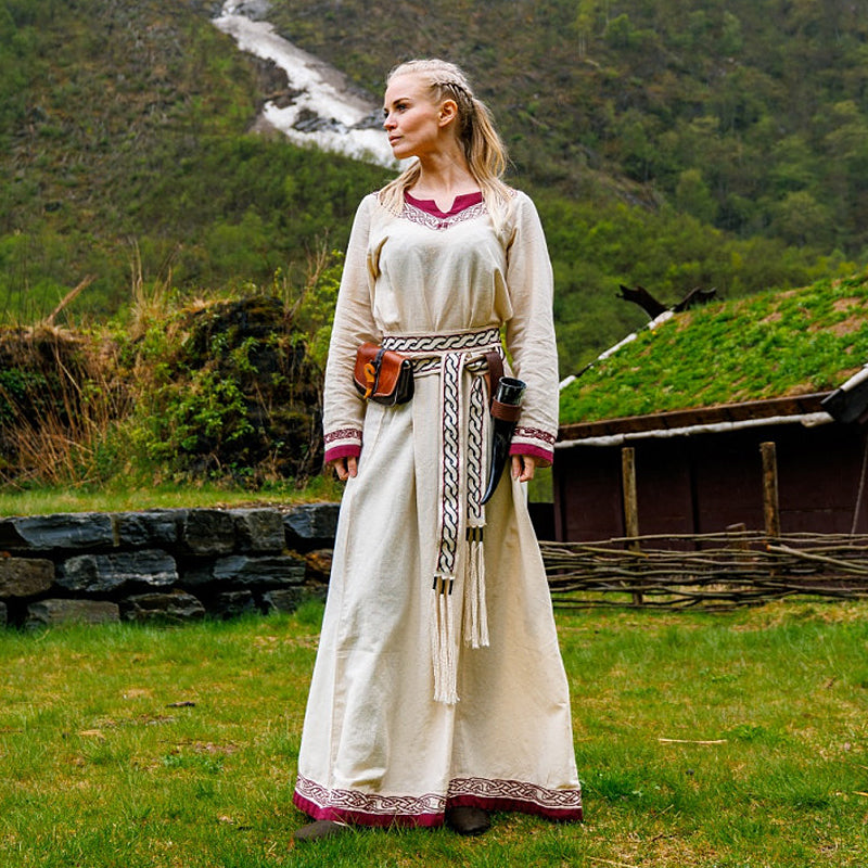Natural & Red Embroidered Dress - Cotton