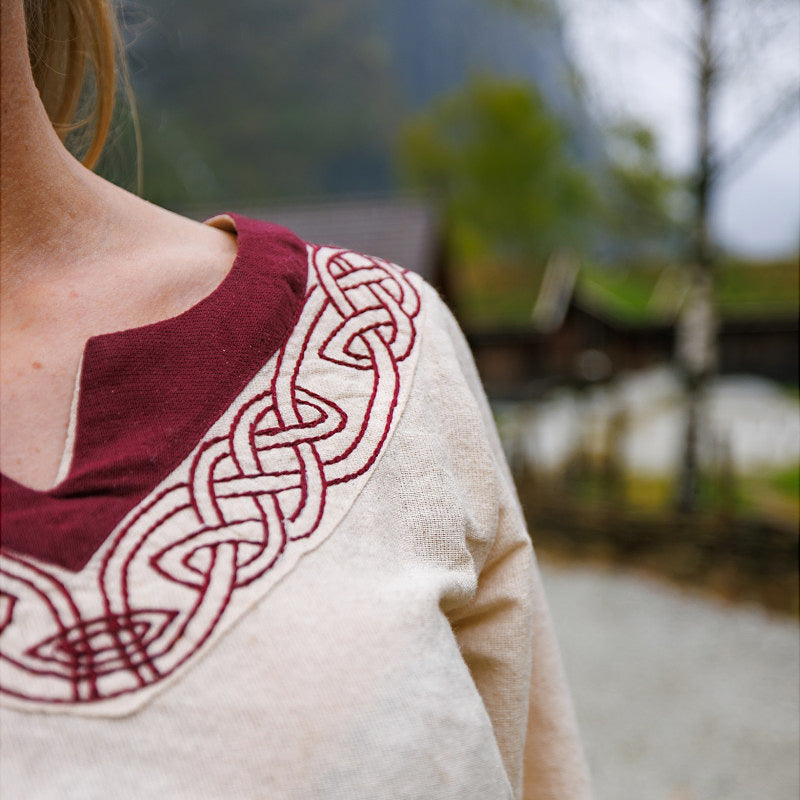 Natural & Red Embroidered Dress - Cotton