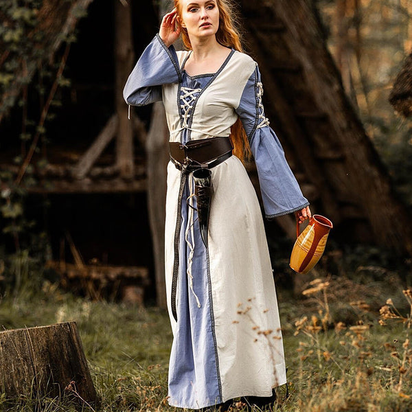 Beige and Light Blue Medieval Dress - Cotton