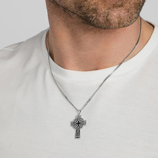 Large Silver Celtic Cross Necklace | Double Sided, Oxidised Irish