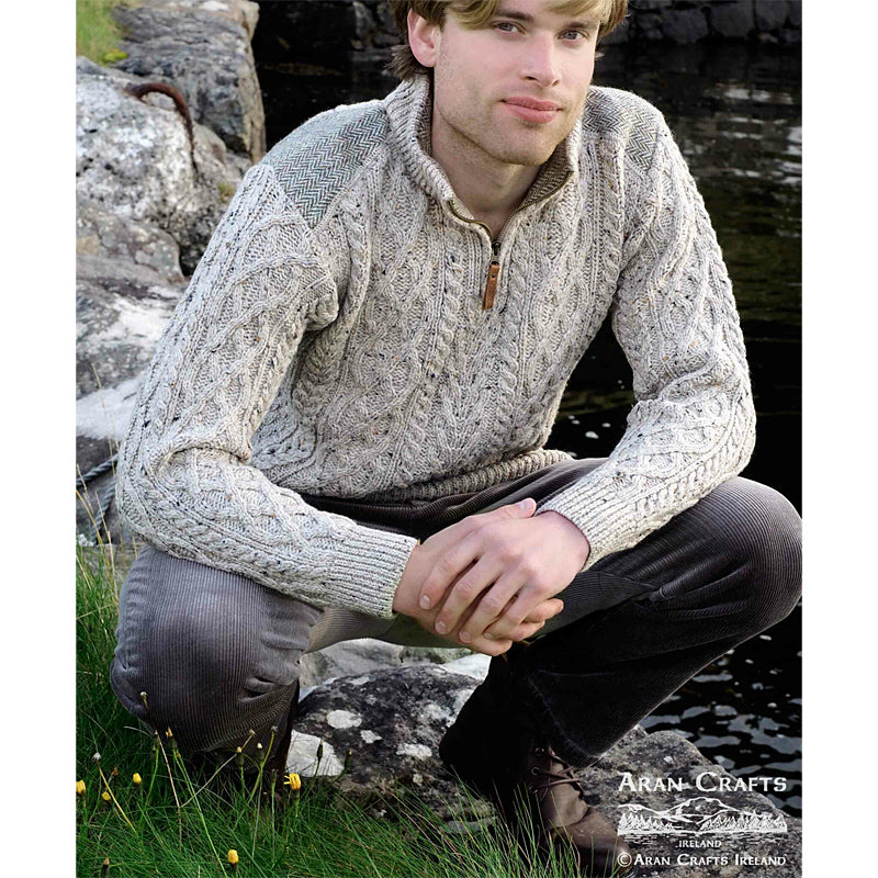 Irish Half Zip Sweater w/ Tweed Patch
