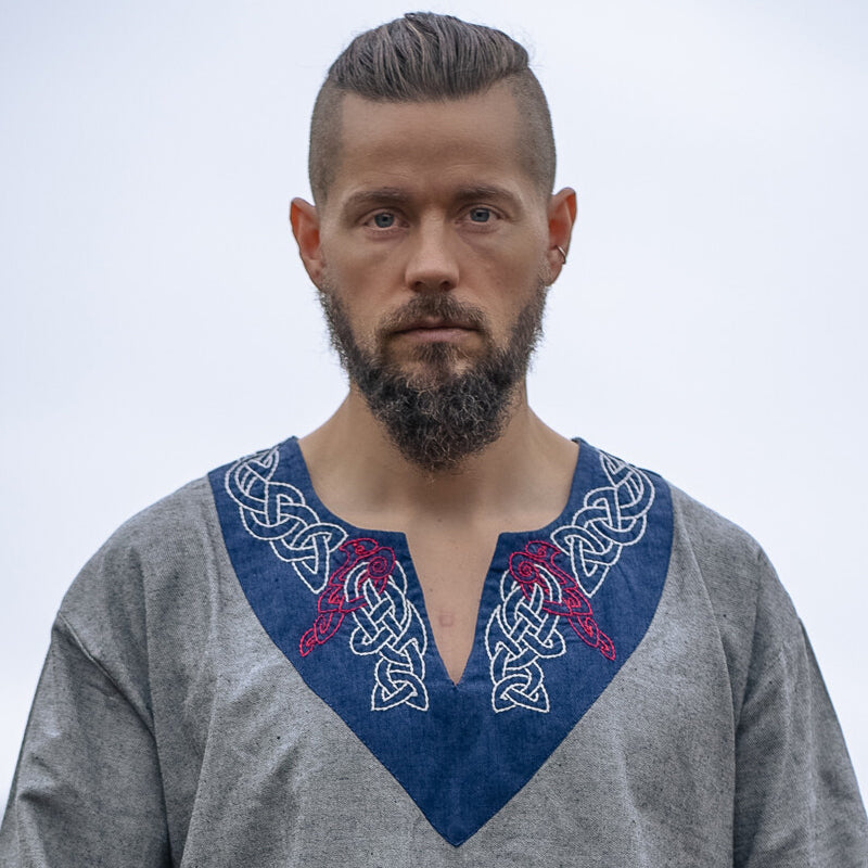 Gray and Blue Tunic w/ Embroidery - Cotton