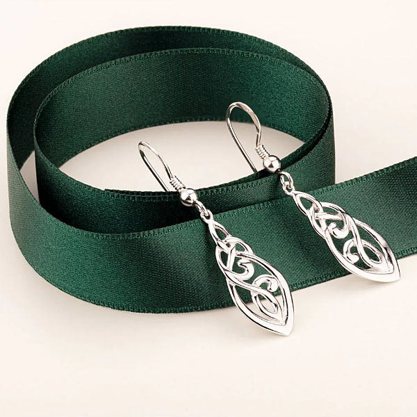 Long Trinity Knot Celtic Drop Earrings - Sterling Silver