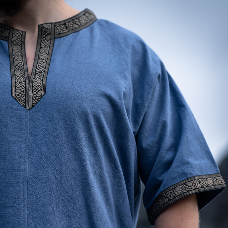 Blue Short Sleeve Tunic w/ Trim - Cotton