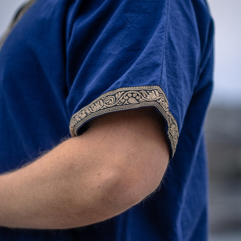 Blue V-Neck Short Sleeve Tunic w/ Trim - Cotton