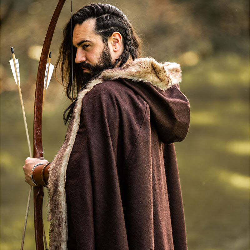 Brown Hooded Cape w/ Faux Fur - Wool