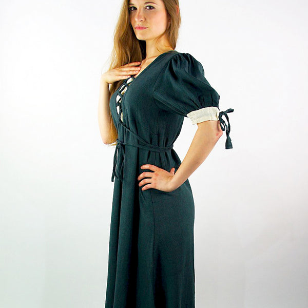 Dark Green and Natural Medieval Summer Dress - Cotton | Renaissance S / Dark Green and Natural Dark Green and Natural Medieval Summer Dress - Cotton | Renaissance S / Dark Green and Natural