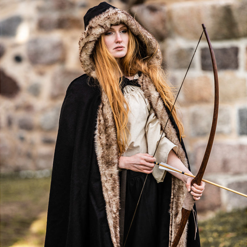 Black Hooded Cape w/ Faux Fur - Wool