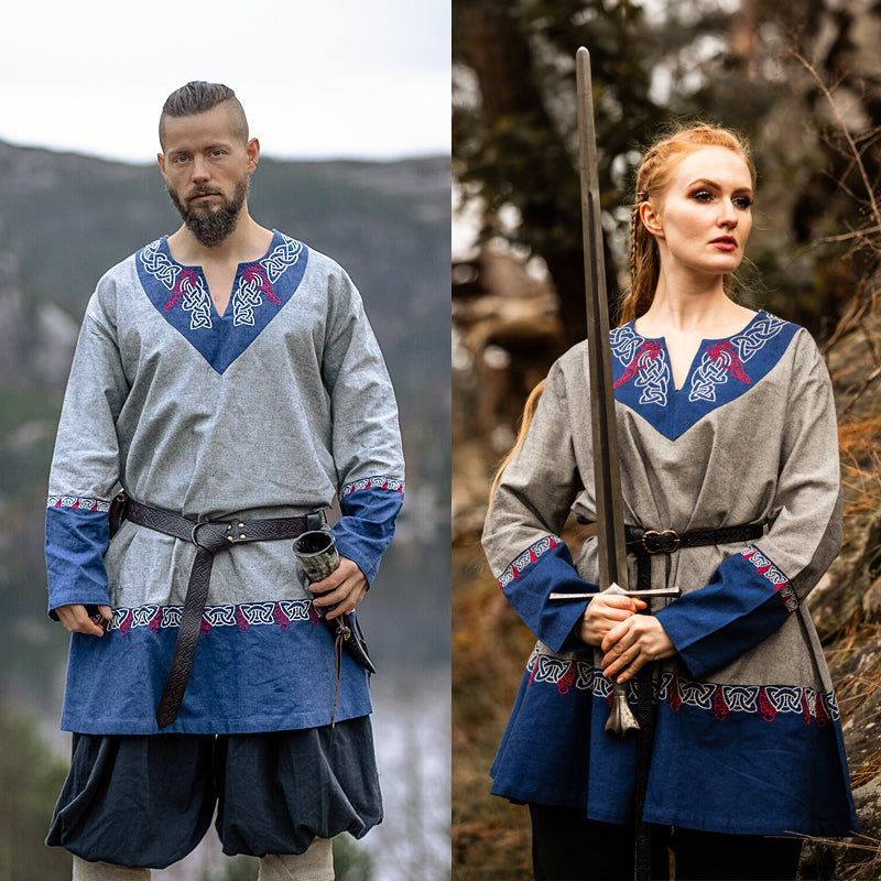 Gray and Blue Tunic w/ Embroidery - Cotton