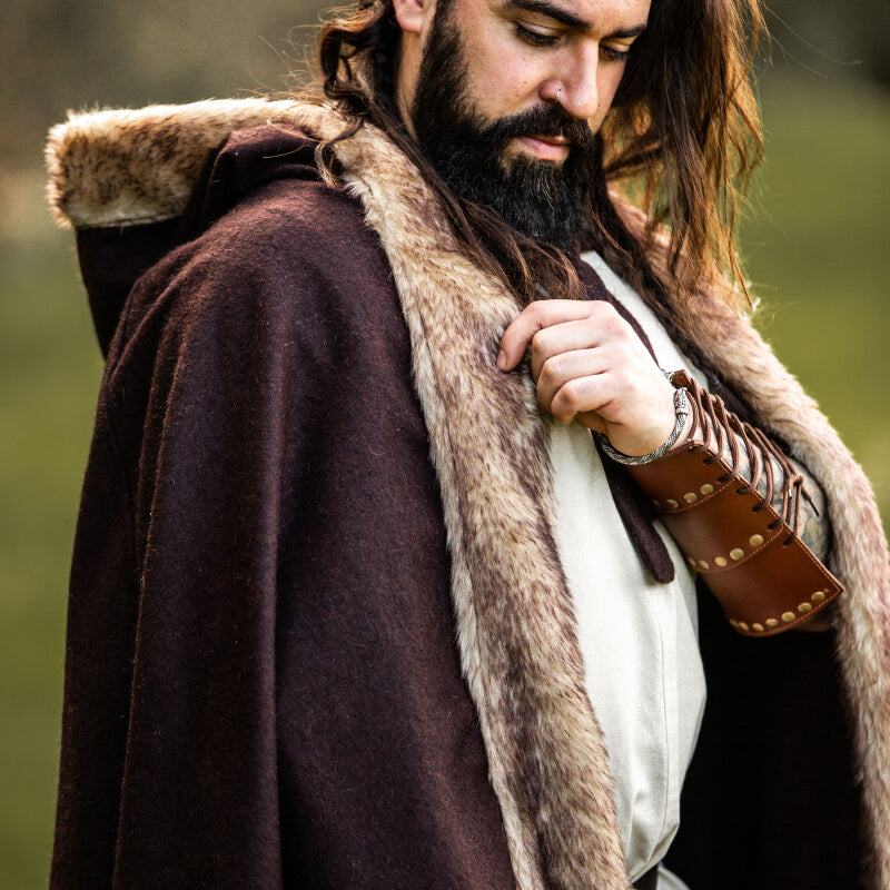 Brown Hooded Cape w/ Faux Fur - Wool