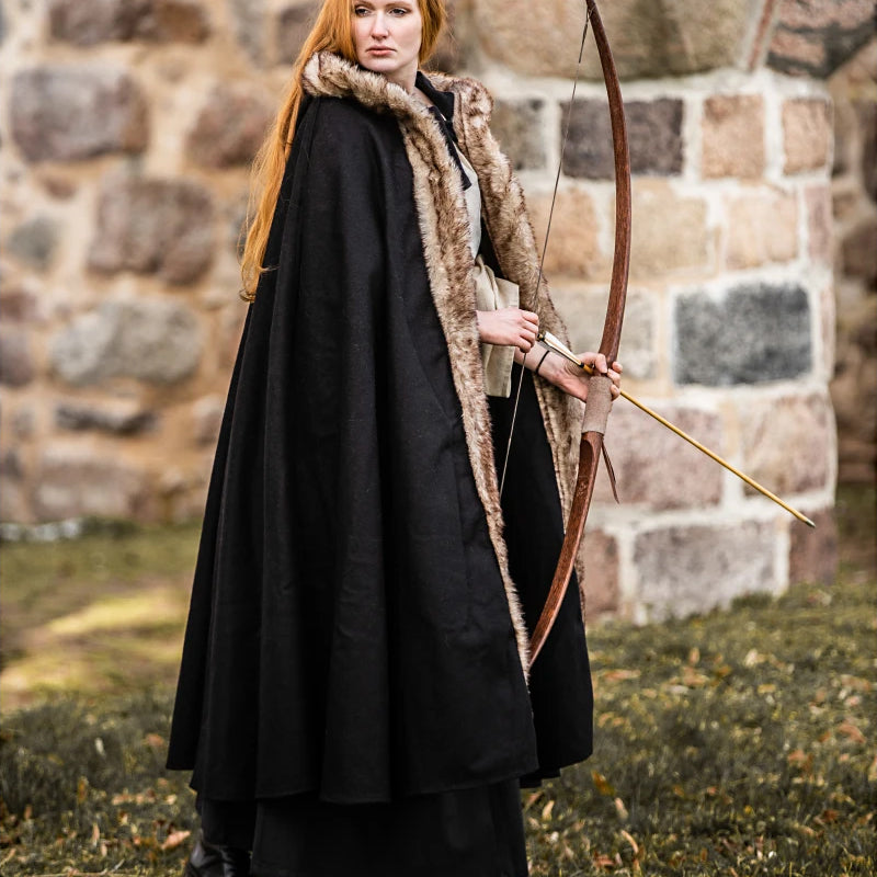 Black Hooded Cape w/ Faux Fur - Wool