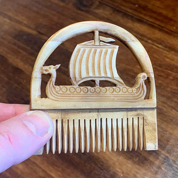 Hand Carved Viking Ship Bone Comb