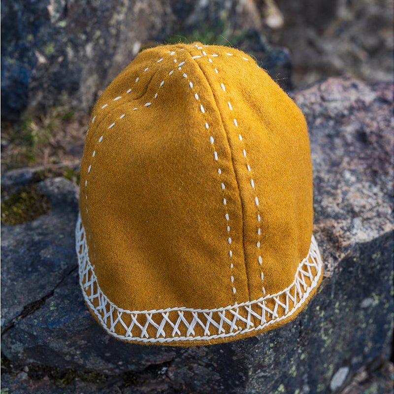 Mustard Yellow Wool Viking Cap w/ Embroidery