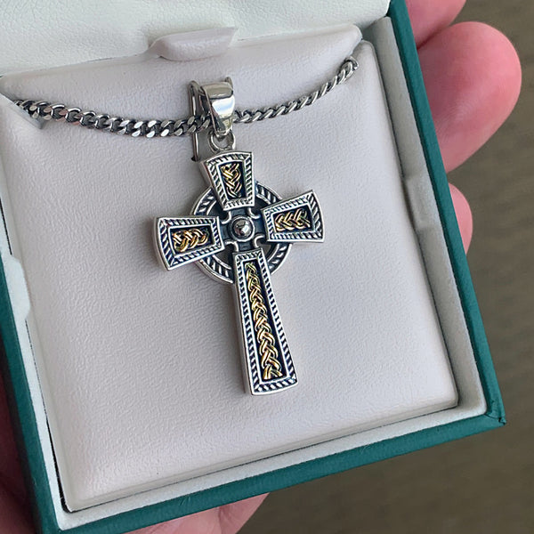 Celtic Cross Necklace - Silver & 10k Gold | Handcrafted Irish