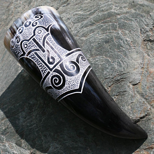Thor's Hammer Drinking Horn | Mjolnir Carved onto Drinking Horns