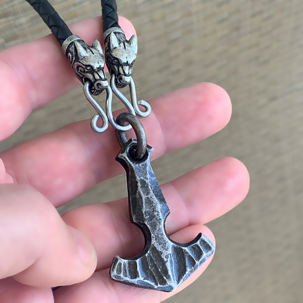 Hand Forged Steel Mjolnir Pendant | Handmade Thor's Hammer Necklace Steel / Thick Leather Cord w/ Wolf Heads (Fits Over Your Head)