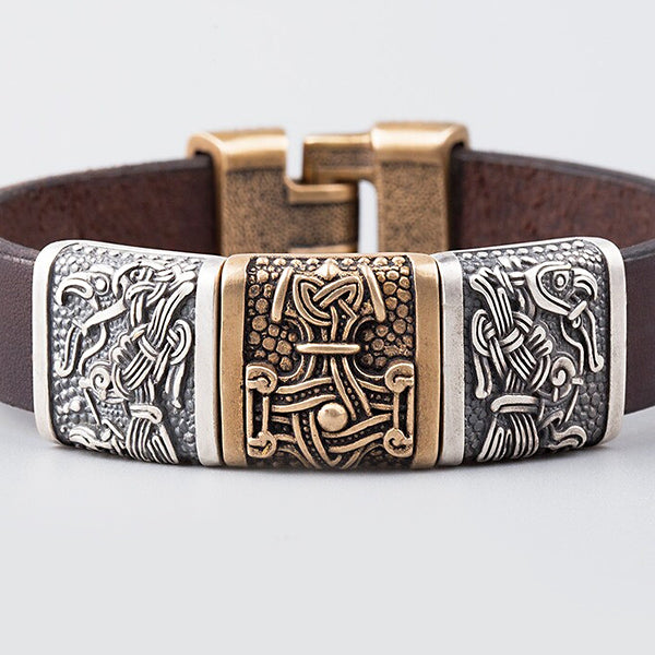 Bracer leather Wristguard with Thor's Hammer Motif, long