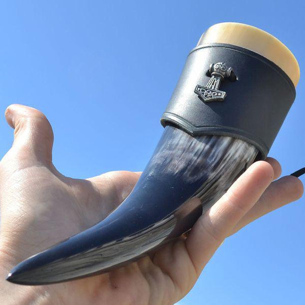 Mjolnir Leather Drinking Horn Holder Black Belt Loop Horn Holders