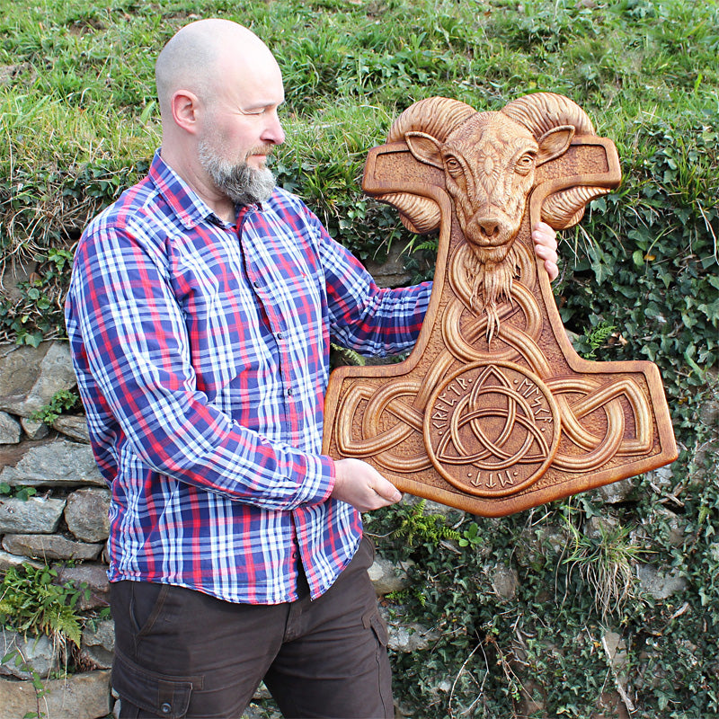 Carved Wood Mjolnir Wall Hanging