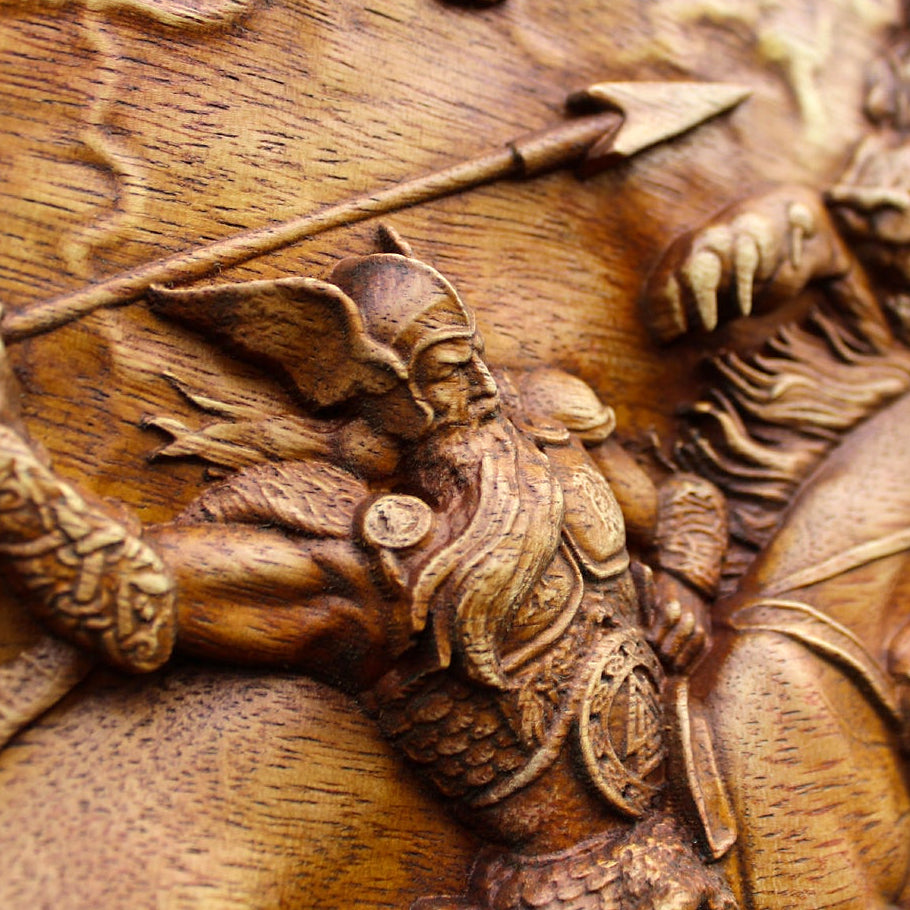 Carved Wood Odin vs Fenrir Wall Hanging