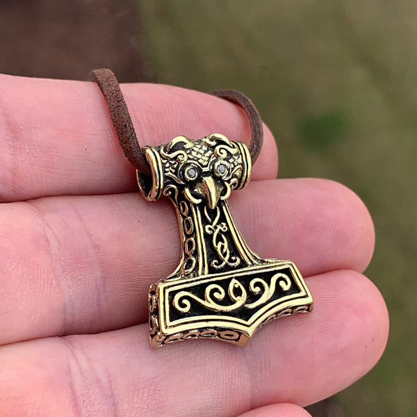 Small Jeweled Raven Mjolnir - Brass