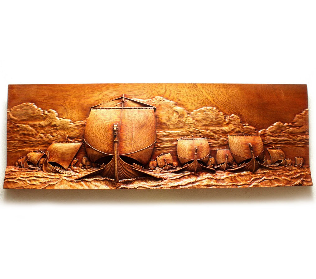 Carved Wood Panoramic Viking Raid