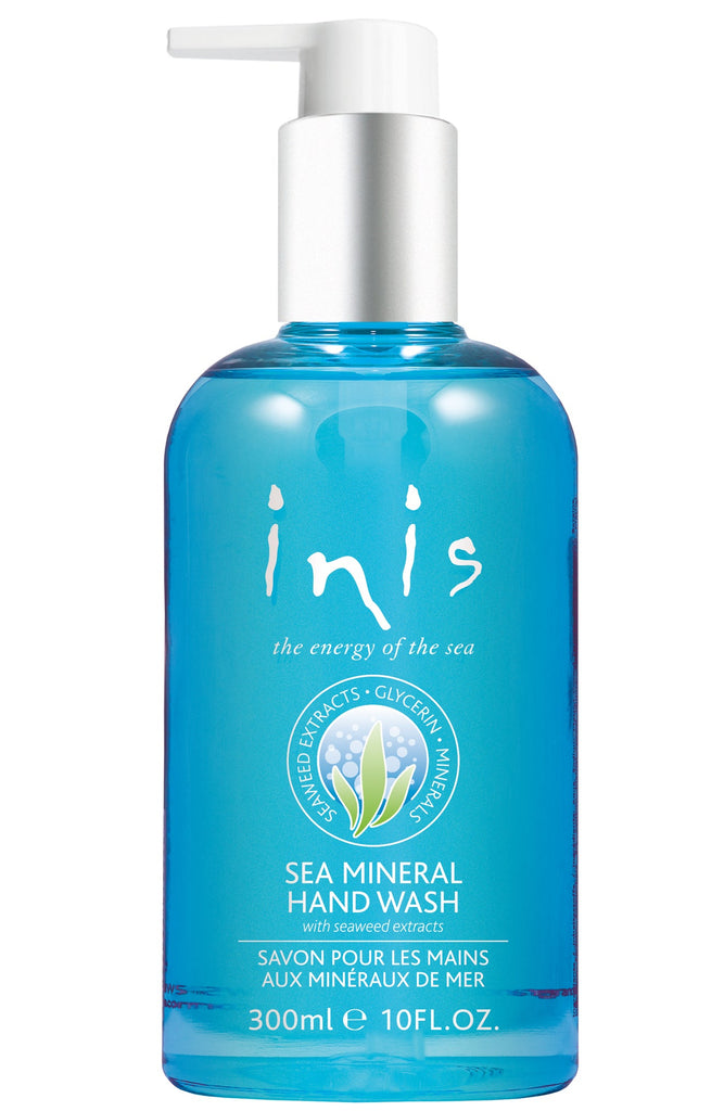 Blue bottle of inis sea mineral hand wash on a white background