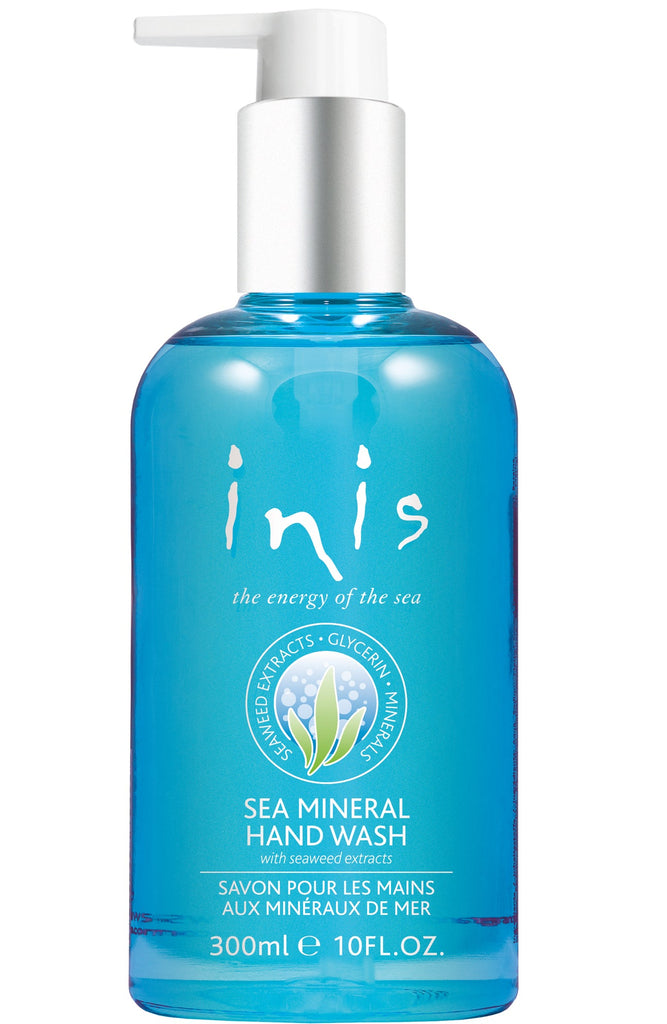 Blue bottle of inis sea mineral hand wash on a white background