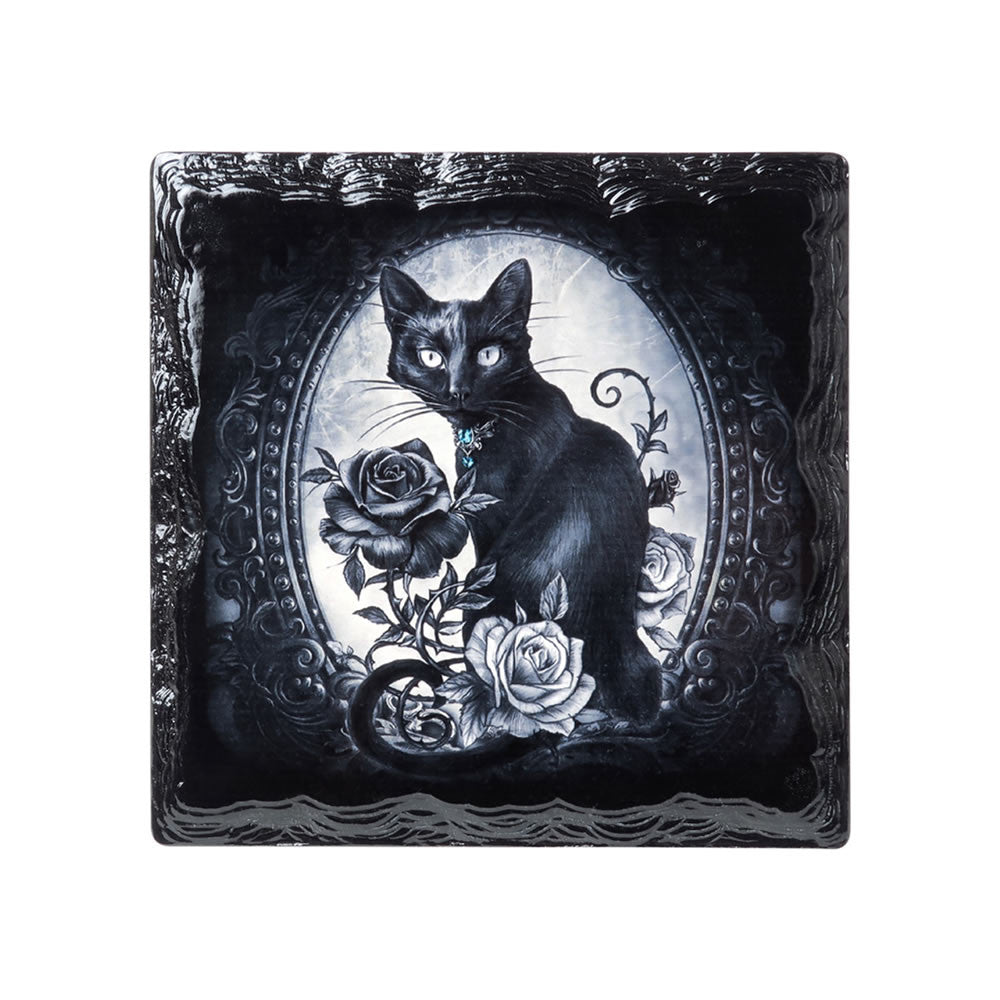 Black cat ceramic coaster featuring gothic floral artwork and square design