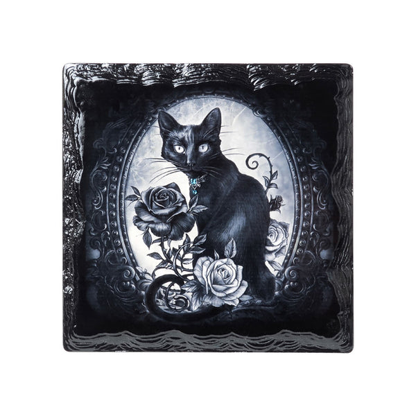Black cat ceramic coaster featuring gothic floral artwork and square design