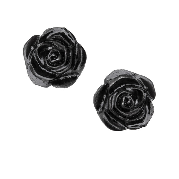 Front view of black rose stud earrings with single rose motif and Austrian crystals