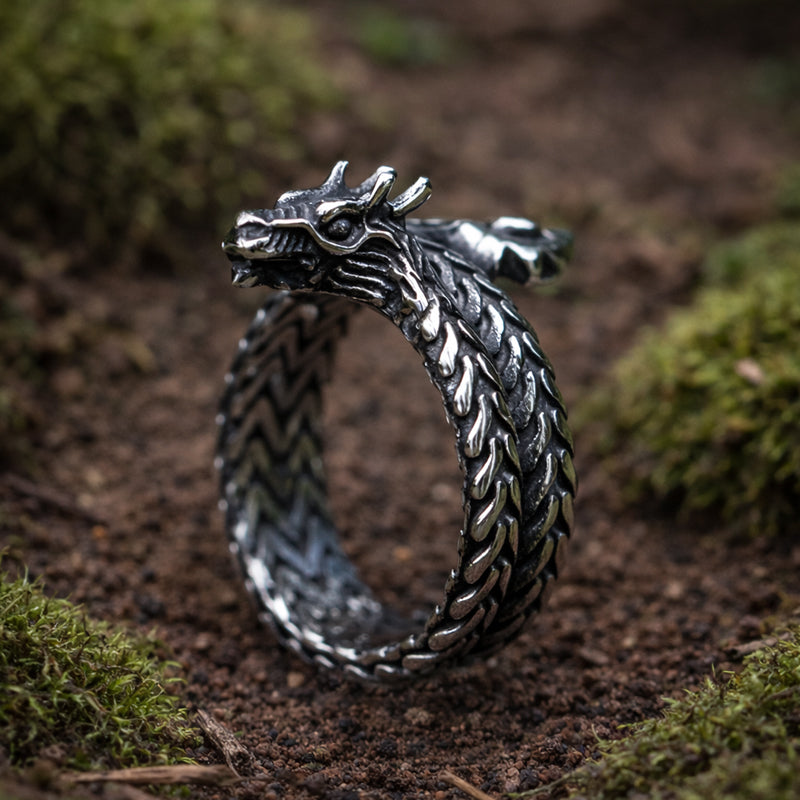 Silver dragon ring on a natural background