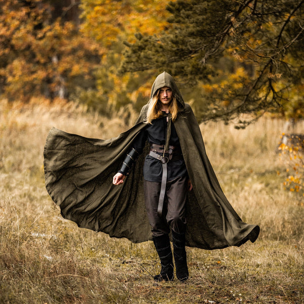 Breathable linen medieval cloak with hood, lightweight design and adjustable tie closure for Renaissance and reenactment wear
