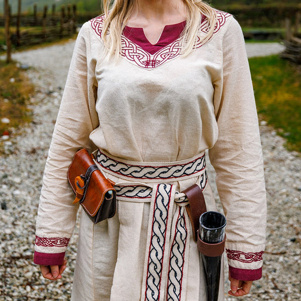 Natural & Red Embroidered Dress - Cotton