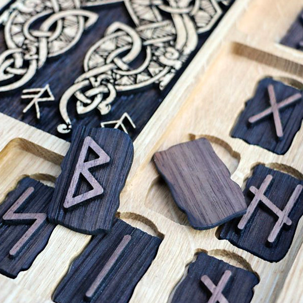 Set of Elder Futhark Wooden Runes Odin on the Throne Oak Box Sons
