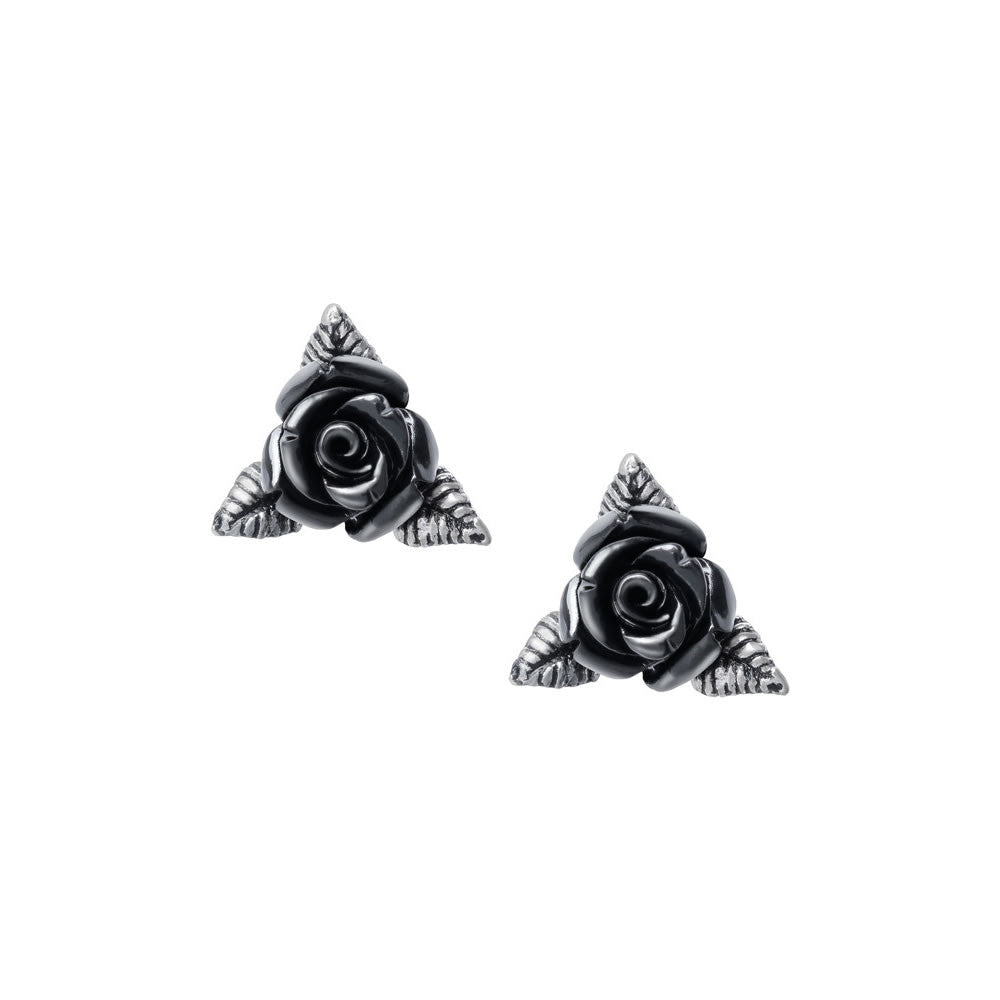 Black Rose Stud Earrings – Leaf Detail