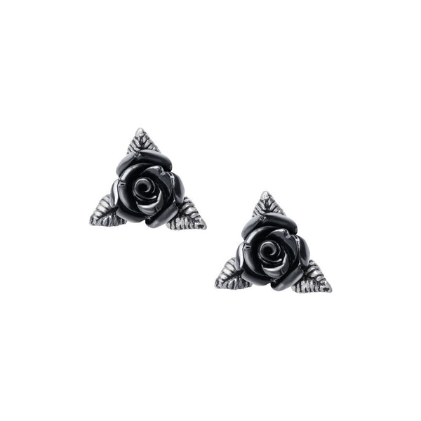 Black Rose Stud Earrings – Leaf Detail
