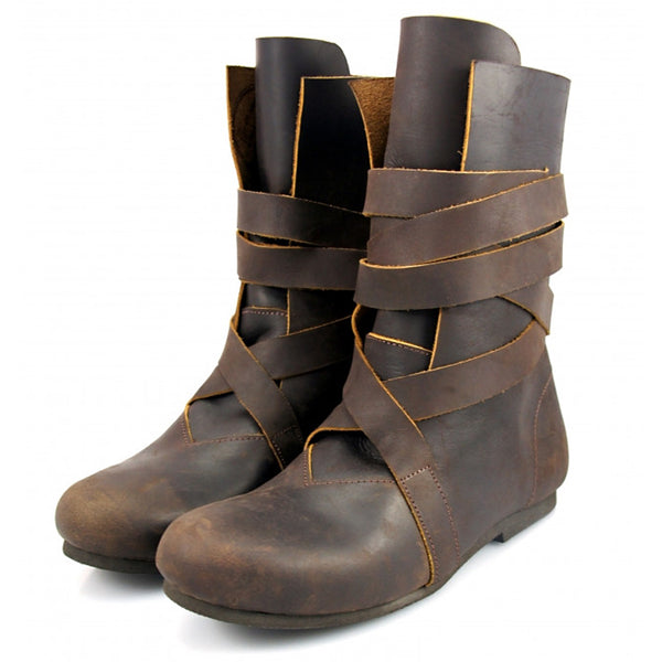 Brown Leather Strap Wrap Boots