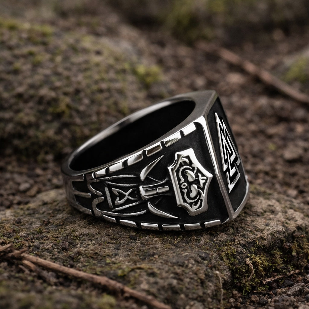 Valknut and Mjolnir Ring - Stainless Steel