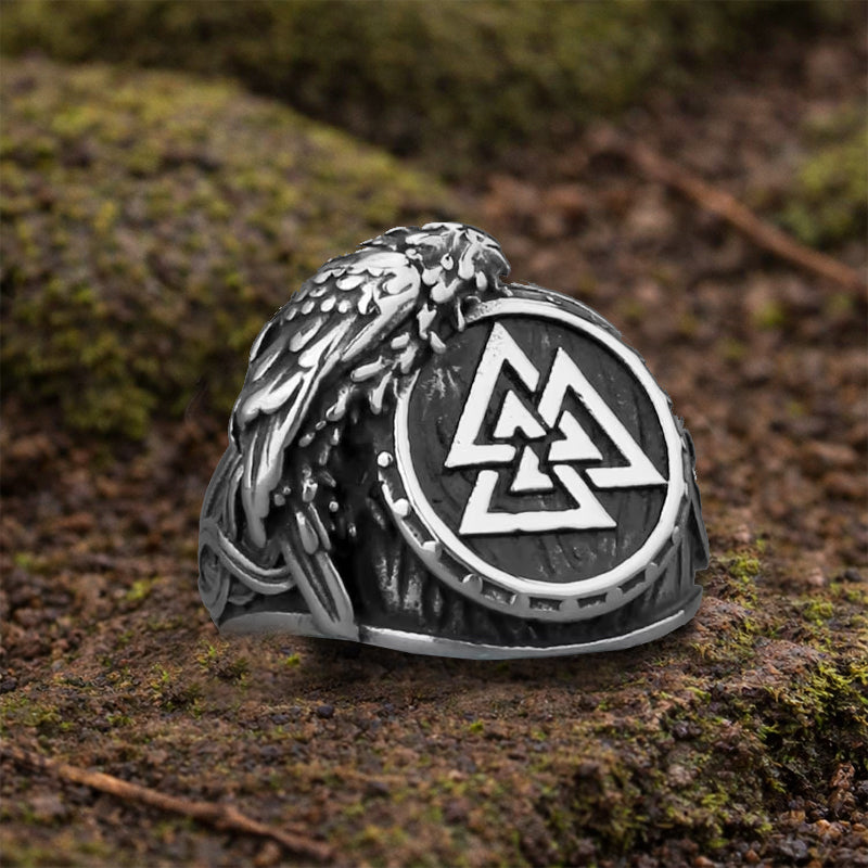 Valknut and Raven Ring - Stainless Steel