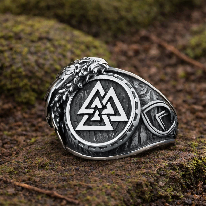 Valknut and Raven Ring - Stainless Steel