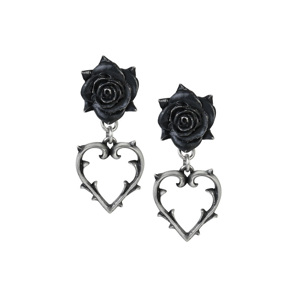 Black Rose & Foliate Heart Pewter Earrings