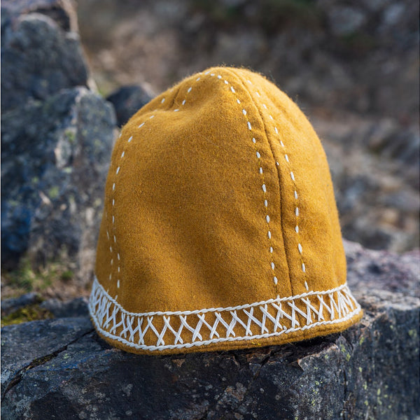 Mustard Yellow Wool Viking Cap w/ Embroidery