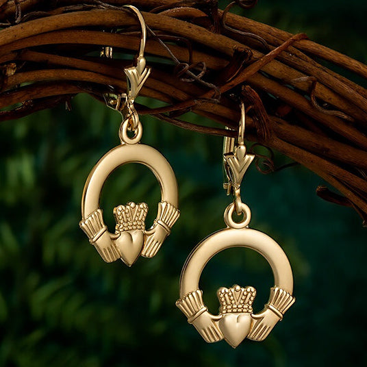 Claddagh Drop Earrings - 14k Gold