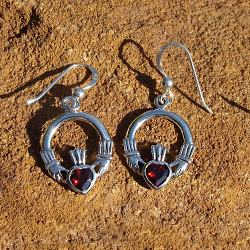 Claddagh Earrings - Silver with Garnet