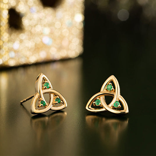 Triquetra & Emeralds Stud Earrings - 14k Gold